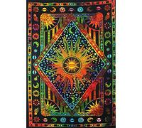 Popular Handicrafts Wall Hanging Tapestry For Bedroom Hippie Burning Sun and Moon Meditation Bohemian Hippy Psychedelic Design Indian Tapestries Bedspread54 x 60 Inches (140cm x 150cm) Multicolor Tie