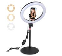 PopuLike 11" Ring Light, Dual Phone Stands, 3-Color Temperature & 10-Level Brightness Dimmable, 360° Rotation, Height Adjustable 58-74cm, USB Powered for Live Streaming, Makeup, Video Conferencing