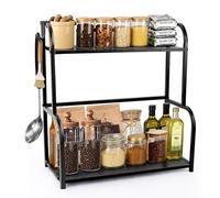 PopuLike 2 Tier Black Coffee Station Organizer, Wooden Coffee Bar Organiser Spice Rack Kitchen Countertop Shelf for Home Tea and Coffee