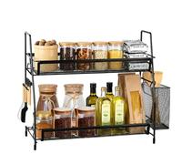 PopuLike 2 Tier Coffee Station Organizer for Countertop, Metal Kitchen Storage Rack Spice Organiser Coffee Bar Accessories Shelf with 4 Hooks and Basket