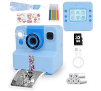 PopuLike Kids Instant Print Camera, 2.4'' IPS HD Instant Digital Camera with Flip VGA Lens, 32GB TF Card Support, 5 Black Starter Roll, Christmas Birthday Gifts for Kids Aged 3-12, Blue