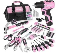 POPULO Pink Home Tool Kit 236-Piece with Brushless 12V 2000mAh Cordless Drill Driver, Lady's Basic Tool Set with 12-Inch Pink Tool Bag, Power Drill Sets Combo Kit for Women, House, DIY