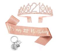 Popuppe 3pcs 21st Birthday Sash and Crown Keychain Set Rose Gold Glitter Sash Rhinestone Tiara Keyring, Party Favor Keepsake for Her 21st Birthday