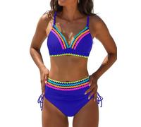 popvil High Waisted Bikini Sets: Neon Swimsuits for Women Tummy Control Two Piece V Neck Drawstring Bathing Suits, Royal Blue, Medium
