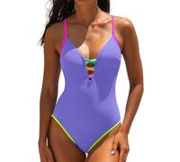 popvil One Piece Swimsuit Women 2025 Contrast Cross Straps Bathing Suit Neon Color Block Swim Suits, Purple, Large
