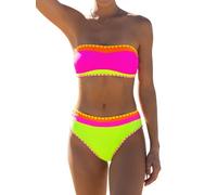 popvil Women's Neon Color Block Bandeau Swimsuits Strapless Bikini Sets Two Piece Bathing Suits, Hot Pink, Large