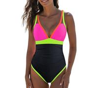 popvil Women's One Piece 2025 Tummy Control Swimsuits Neon Color Block Swimwear Deep V Neck Slimming Bathing Suit, Black&pink, Large