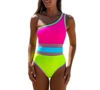 popvil Women's Sexy One Shoulder One Piece Bathing Suits Neon Color Block Swimsuits Slimming Mesh Swimwear, Neon Hot Pink, Medium