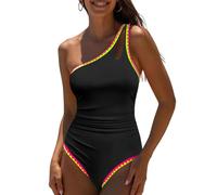 popvil Women's Sexy One Shoulder One Piece Bathing Suits Neon Color Block Swimsuits Slimming Mesh Swimwear, Black, XL