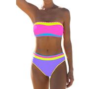 popvil Women's Strapless Bikini Sets Neon Color Block Bandeau Swimsuits Two Piece Bathing Suits for Beach Vacation 2025, Violet, Large