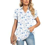 POPYOUNG Ladies Tops Chiffon Blouse Business Tunic Petal Short Sleeve Office Shirts for Work M, Blue Cherry fl