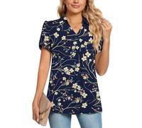 POPYOUNG Ladies Tops Chiffon Blouse Business Tunic Petal Short Sleeve Office Shirts for Work Plus Size 3XL, Navy Winter fl