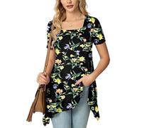 POPYOUNG Ladies Tunic Tops to Wear with Leggings Short Sleeve Floaty Square Neck Blouse Summer Dressy Casual Longline Shirts for Women M, FL Black-Lily