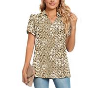 POPYOUNG Plus Size Ladies Tops Chiffon Blouse Business Tunic Petal Short Sleeve Office Shirts for Work 3XL, Leopard Beige