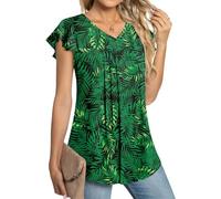 POPYOUNG Plus Size Womens Summer Casual Chiffon Short Sleeves V Neck Business Blouses Pleated Ladies Tops Shirts XL, Floral Green