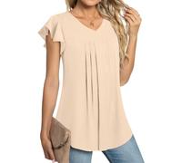 POPYOUNG Plus Size Womens Summer Casual Chiffon Short Sleeves V Neck Business Blouses Pleated Ladies Tops Shirts XL, Khaki