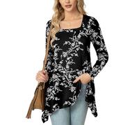 POPYOUNG Womens Casual Square Neck Tunic Tops Long Sleeve Ladies Longline Dress Floaty Long Blouse Shirts to wear with Leggings M,FL White-Black