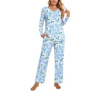 POPYOUNG Womens Fall-Winter 2 Piece Pajama Sets Long sleeve V-neck Tunic Tops with Comfy Pants Lounge Sleepwear Ladies Pjs Sets with Pockets L, Light blue Jasmine
