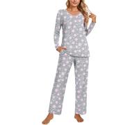 POPYOUNG Womens Fall-Winter 2 Piece Pajama Sets Long sleeve V-neck Tunic Tops with Comfy Pants Lounge Sleepwear Ladies Pjs Sets with Pockets 3XL, FL Pink Star grey