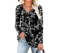 POPYOUNG Women's Henley Shirts Button up Tunic Tops Casual Long Sleeve Blouse with Legging 2XL,Black-Carved White