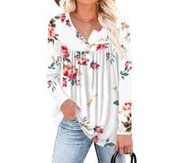 POPYOUNG Women's Henley Shirts Button up Tunic Tops Casual Long Sleeve Blouse with Legging 2XL,Floral White
