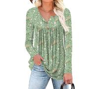 POPYOUNG Women's Henley Shirts Button up Tunic Tops Casual Long Sleeve Blouse with Legging 2XL,Floral Mix Green