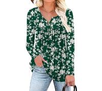 POPYOUNG Women's Henley Shirts Button up Tunic Tops Casual Long Sleeve Blouse with Legging 3XL,Green-White Flower
