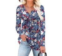 POPYOUNG Women's Henley Shirts Button up Tunic Tops Casual Long Sleeve Blouse with Legging M,Floral Mix Blue