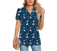 POPYOUNG Womens Summer Casual Chiffon Petal Sleeves Office Blouses V Neck Business Tops Work Shirts M, Dark Green FL Butterflies