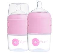 PopYum 5 oz Pink Anti-Colic Formula Making/Mixing/Dispenser Baby Bottles, 2-Pack with #1 Slow Flow Nipples, 150 ml, BPA-Free, Natural Latch