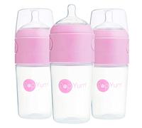 PopYum 9 oz Pink Anti-Colic Formula Making/Mixing/Dispenser Baby Bottles, 3-Pack with #2 Medium Flow Nipples, 260 ml, BPA-Free, Natural Latch