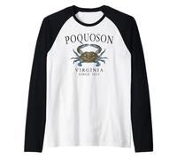 Poquoson Virginia Blue Crab Since 1631 Black Letters Raglan Baseball Tee