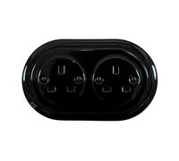 Porcelain Black Double Power Socket UK 3-Prong - Flush Mounted Ceramic Wall Outlet, Retro Loft Style, Vintage Cottage Design