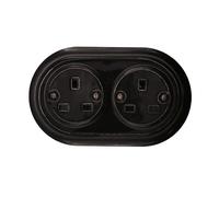 Porcelain Black Double Power Socket UK 3-Prong - Surface Mounted Ceramic Wall Outlet, Retro Loft Style, Vintage Cottage Design