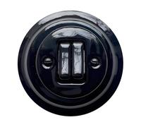 Porcelain Black Rocker Light Switch - 2-Gang, 2-Way Flush Mounted Ceramic Wall Switch, Vintage Cottage or Loft Style, CE Certified