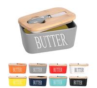 Porcelain Butter Dish, European Size Ceramic Butter Container with Wooden Lid, Butter Container with High Quality Silicone Seal, Perfect for Butter, Nuts, Cheese, 650ml (Gray)