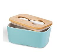 Porcelain Butter Dish with Butterknife & Lid, Henten Home Airtight Butter Keeper for Countertop, Large Butter Holder for All Types of Butter(Matte Blue)