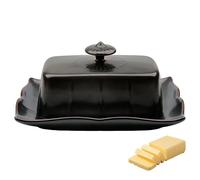 Porcelain Butter Dish with Lid for Countertop, Farmhouse Butter Holder Container with Luxurious Handle, Large Butter Keeper for East West Coast Butter - Dishwasher Safe (Black)