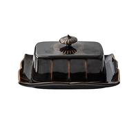 Porcelain Butter Dish with Lid for Countertop, Farmhouse Butter Holder Container with Luxurious Handle, Large Butter Keeper for East West Coast Butter - Dishwasher Safe (Black)