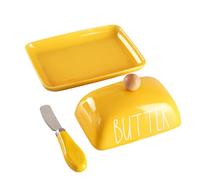 Porcelain Butter Dish with Lid & Knife, Covered Butter Container with Handle Design for Countertop,Yellow