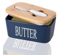 Porcelain Butter Dishes Ceramic, Metal Butter Dish with Multi-Functional Knife, Storage Butter Dish with Lid 17.1✖11✖7.5cm 650ml Capacity (Blue)
