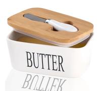 Porcelain Butter Dishes Ceramic, Metal Butter Dish with Multi-Functional Knife, Storage Butter Dish with Lid 17.1✖11✖7.5cm 650ml Capacity (White)