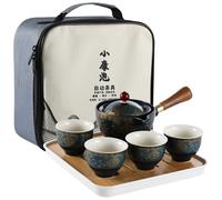 Porcelain Chinese Gongfu Tea Set, Portable Travel Teapot Set with 360°Rotation Tea Maker and Infuser, Ceramic All in One Gift Bag for Home, Office, Travel, Gifting, Magic Teapot Kit (Navy Blue)