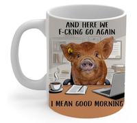 Porcelain Coffee Mug Saying and Here We F-Cking Go Again - Kunekune Pig Coloured Mug Classic Hot Drink Cup for Hot Brew Kitchen Everyday