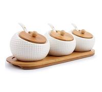 Porcelain Condiment Jar Spice Container with Lids - Bamboo Cap Holder Spot, Ceramic Serving Spoon, Wooden Tray - Best Pottery Cruet Pot for Your Home, Kitchen, Counter. White,170 ML (5.8 OZ), Set of 3