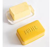 Porcelain Covered Butter Dish with Lid for Countertop Butter Holder Container for One Stick of Butter. Textured Tray Butter Keeper for Non Slip Storage-Yellow