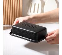 Porcelain Covered Butter Dish with Lid for Countertop Butter Holder Container for One Stick of Butter. Textured Tray Butter Keeper for Non Slip Storage-Black Small
