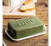 Porcelain Covered Butter Dish with Lid for Countertop Butter Holder Container for One Stick of Butter. Textured Tray Butter Keeper for Non Slip Storage-Green Small