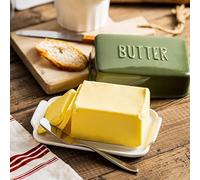 Porcelain Covered Butter Dish with Lid for Countertop Butter Holder Container for One Stick of Butter. Textured Tray Butter Keeper for Non Slip Storage-Green Big