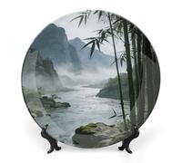 Porcelain Decorative Plate for Display Listening to The River Outside The Bamboo Grove Ceramic Dinner Plates Home Wobble-Plate with Display Stand Wall Hanging Decor for Kitchen Dining Table Decor Art